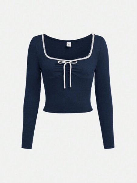 SHEIN Girlism Teen Girl Solid Color Knitted T-Shirt With Contrasting Lace, Removable Bowknot And Rhinestone Collar, Long Sleeve