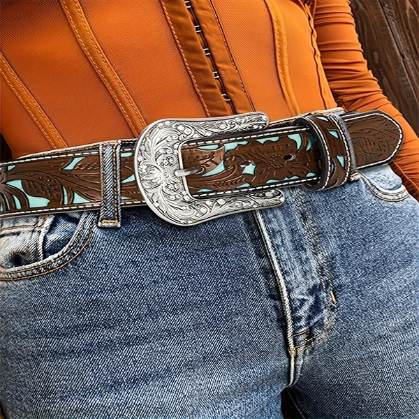 Vintage-Inspired Wide Belt - Boho-Chic Carved Buckle Fashion Accessory for Women - Versatile for Casual Outings to Weddings & More