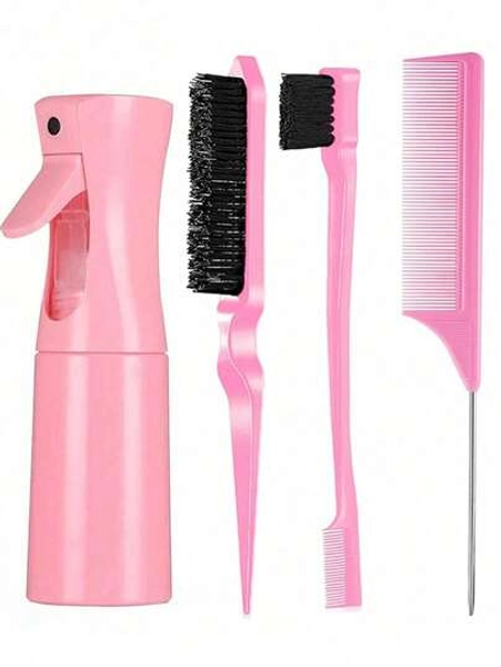 4-Piece Pink Hair Styling Tool Set – Spray Bottle, Tail Comb, For Braiding And DIY Hairstyles