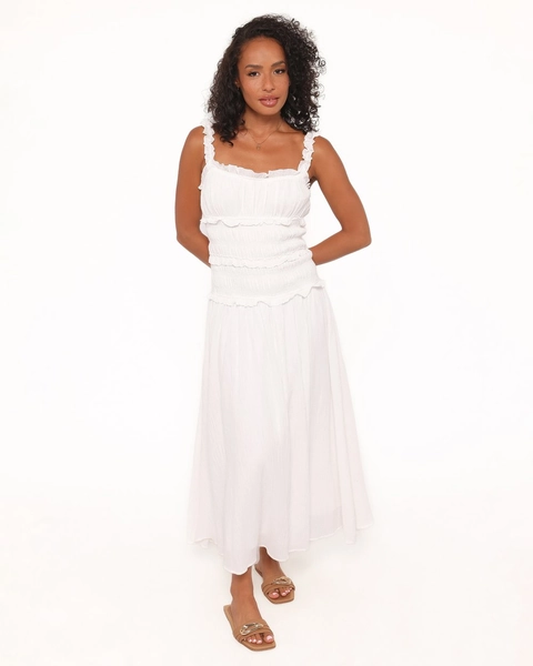 Enola Gather Midi Dress - White