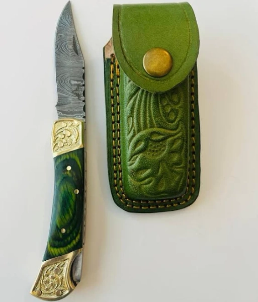 Damascus Steel Folding Pocket Knife with Leather Sheath