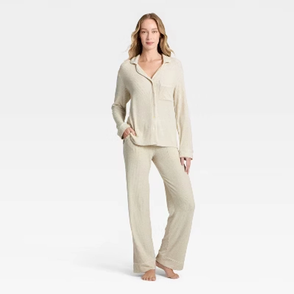 Women's Cozy Ribbed Notch Collar Long Sleeve Shirt and Pants Pajama Set - Auden™ Oatmeal XL