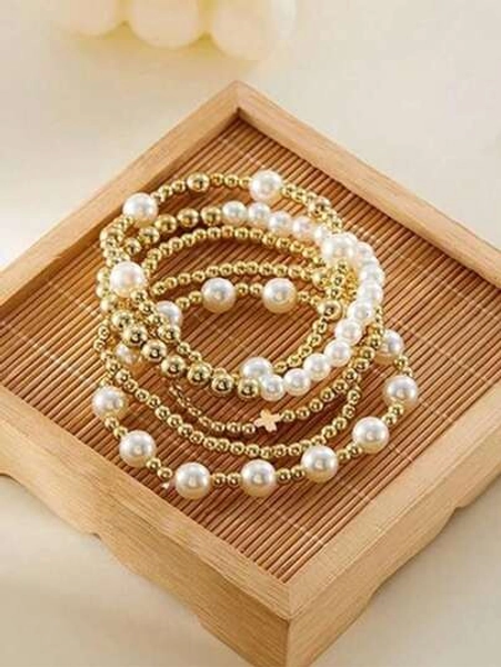 5Pcs Bohemian Gold Beaded Bracelet Set - Women's Faux Pearl Stretch Bracelets, Stackable Cross Jewelry, Dainty Layered Bracelets, Perfect Valentine's Day Gifts For Women & Teen Girls, Daily Wear Accessories 5Pcs Bracelet Set Gold Jewelry Women Western Jewelry