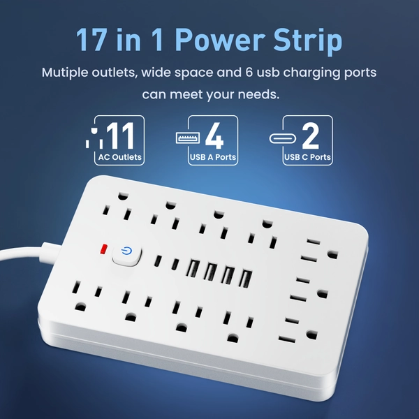 17-in-1/14-in-1 Power Outlet, 5ft Cord, 11/8 Sockets, 4 USB + 2 USB-C Ports, Flat Plug, Wall Mountable, Overload Protection, Ideal for Home Office, Home Workspace, Workspace Organization, Modern Power Strip, Flat Plug Design, Durable Cord, Reliable Construction, Smart Power Outlet, USB Power Strip, Remote Workers, Professionals