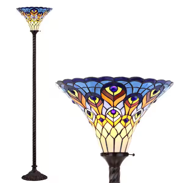 JONATHAN Y Peacock Tiffany-Style 70 in. Bronze Torchiere Floor Lamp JYL8006A