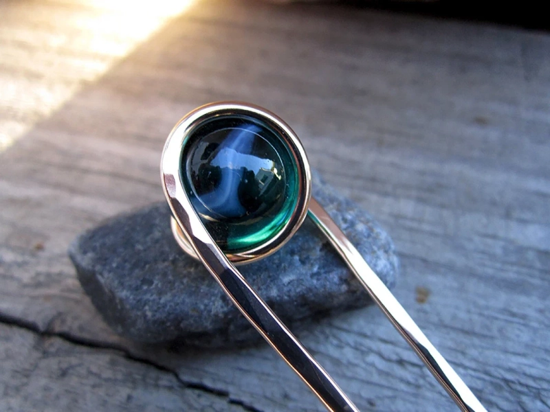 Milky Teal Hair Fork in Bronze With Glass Sphere- Your Choice of Length - Hair Pin - Haar Gabel - Long Hair Accessory - Etsy