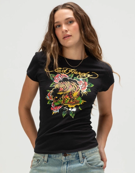 ED HARDY Tiger Roses Womens Fitted Tee - BLACK