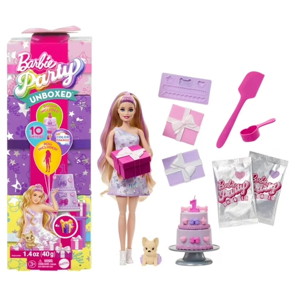 Barbie Party Unboxed Pet Birthday Series Doll & Accessories, Birthday Bows Set with 10 Surprises