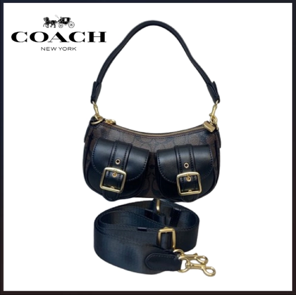COACH CP114 Ashton Baguette Bag Crossbody Signature Denim Black Brown Outlet New