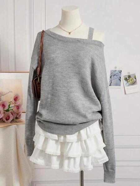 Women's Cute Casual One Shoulder Simple Knitted Sweater Top Pullover Off The Shoulder Gray Long Sleeve Daily Wear Cozy Slouchy Style Back To School Homecoming Fairycore Contry Concert Fall Winter Clothes Outfits For Women