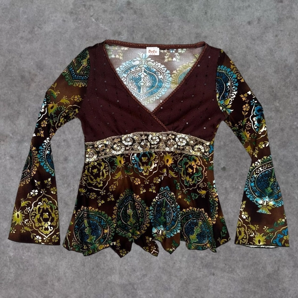 90s/y2k brown/blue/green boho floral longsleeve...