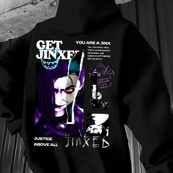 Jinx Is Crazy Popular! Dark and Trendy Printed Men's Versatile Hoodie Comfortable Long E Pullover Suitable Hooded Sweatshirt Breathable Crew Street Style Sweatfor Daily Wear Casual Outings