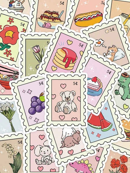 50pcs Cartoon Cute Stamp Series Stickers, Suitable For Scrapbooking, Diary, Notebook, Water Bottle, Car, Faith-Based Design With Positive Messages, Great For Gifts,School Supplies,Back To School