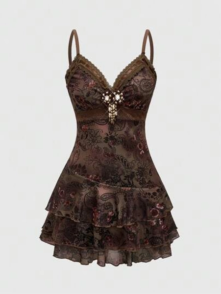 ROMWE Hippie Spring/Summer  Women's Vintage Bohemian Ruffled Ribbon Lace Paisley Print Mini Dress