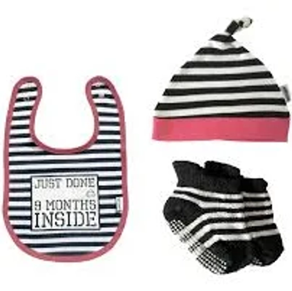 New Born Baby Essentials Gift Set Baby Girl Hat, Bib and Socks Just Done 9 Months Inside Cute Baby Gift