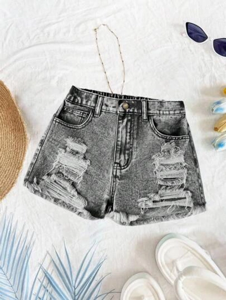 SHEIN Tween Girl Y2K Spring Summer Break Washed High Waist Ripped Raw Hem Denim Jeans Shorts With Raw Hem, Summer Beach Boho Vacation Shorts, Summer Concert Festival Casual Rave , Girls Summer Brunch Graduation