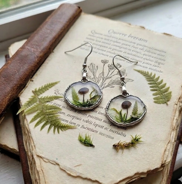 Set of 2 pieces of Handmade mushroom, fern, moss Earrings