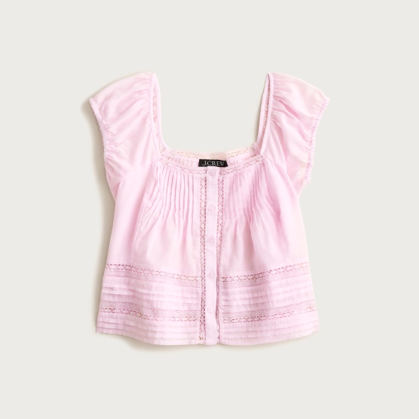 Cap-sleeve lace-trim top in cotton voile