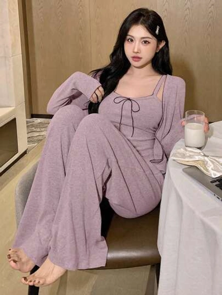 DAZY 3pcs/Set Wave Trim Decor Bowknot Camisole Top & Straight Hem Pants & Open Front Top Lounge Set, Cozy Outfits, Fall Winter Clothes - Size M