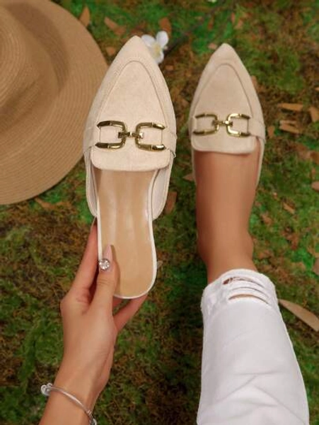 2025 Autumn Beige Pointed Toe Mule Shoes For Women, Metal Buckle Decor Suede, Slip-On Loafers, Elegant & Versatile Backless Flat Shoes