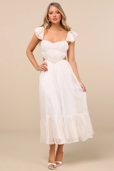 Mio Ivory Pleated Tie-Back Midi Dress