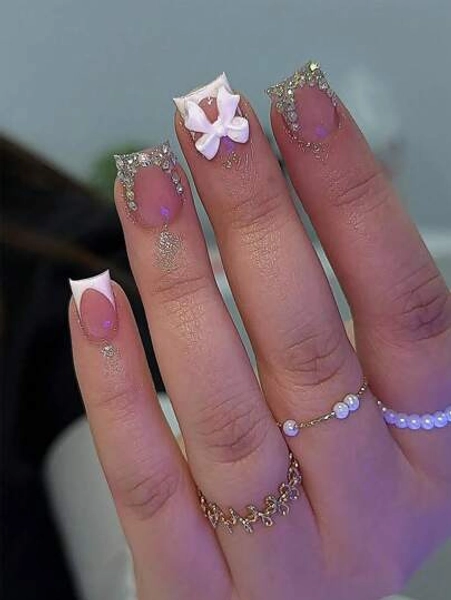 24Pcs Medium Square Press On Nails White French Tip Nails With Rhinestone & Bowknot Decorated Luxurious Full Cover For Women Girls Summer Nails Art Charm Dating Office Home Party Nail Supplies Nails