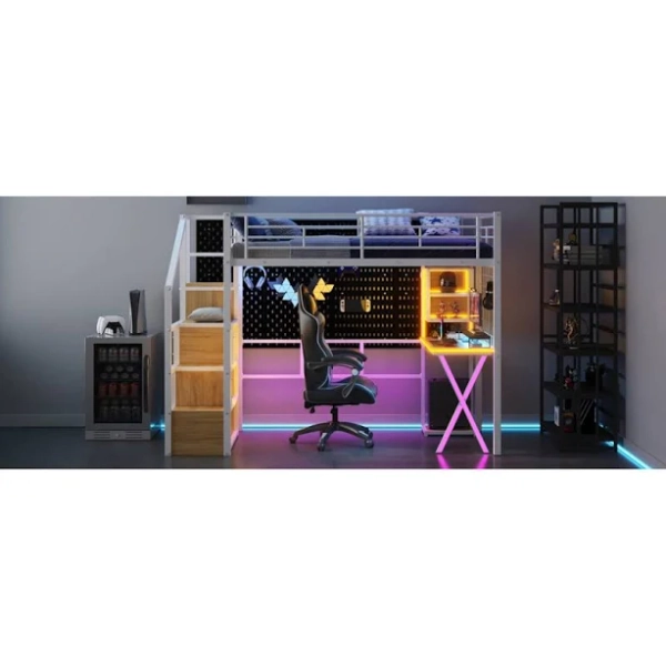 Ivy Bronx Loft Bed with Built-in Work Station, Wardrobe, Storage Staircase, and