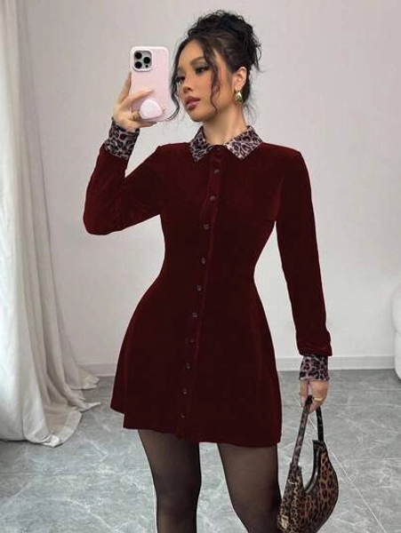 Elenzga Leopard Velvet Black Comfortable Elegant Romantic Simple Women's Dress