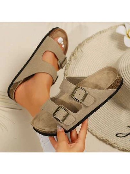 Women's Comfort Straps Adjustable Buckle Slip On Sandals Slide Cork Footbed Sandals
