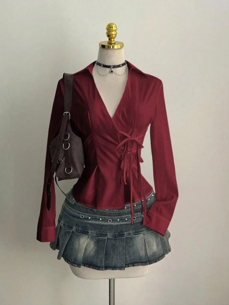 Elegant Asymmetrical Waist Cinched Fitted Top for Women, Slimming Belted Open Front Long Sleeve Shirt, Stylish Casual Blouse Womenswear