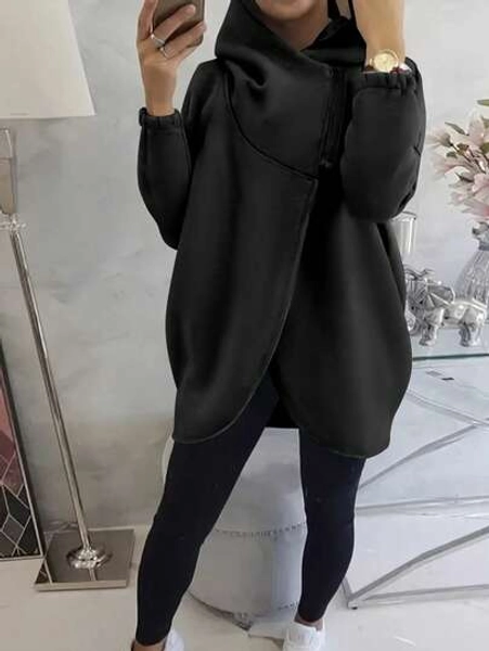 Autumn Women's Hoodie With Solid Color Zipper And Tulip Hem, Casual And Elegant Hoodie