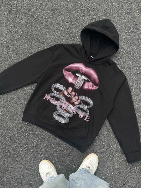 Pink Silver Diamond-rich Printed Oversized Hoodie