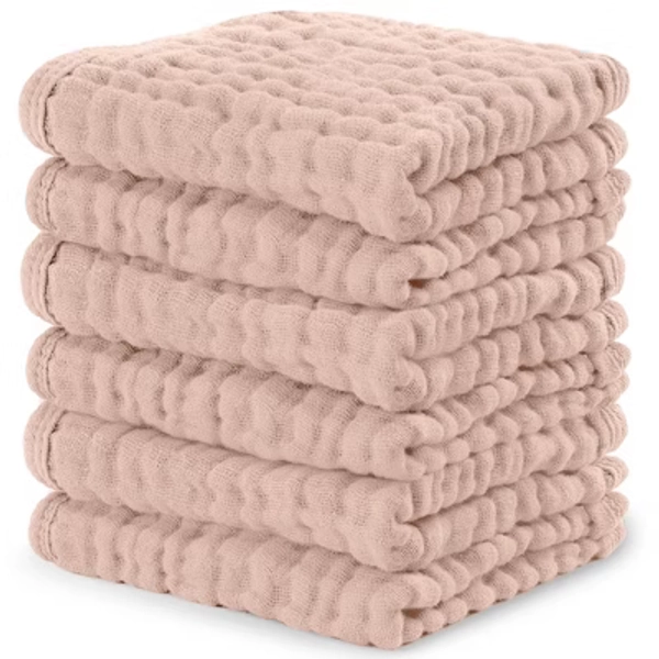 Comfy Cubs Muslin Baby Washcloths 6 Pack - Soft Large 10"x10" 6-Layer Absorbent Cotton - Blush