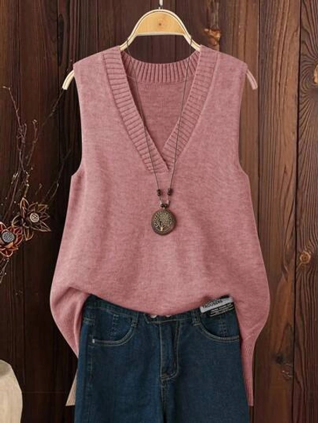 SHEIN VCAY Plus Size Women Beige V-Neck Side Slit High Low Loose Knitted Casual Comfy Sweater Vest In Fall/Winter