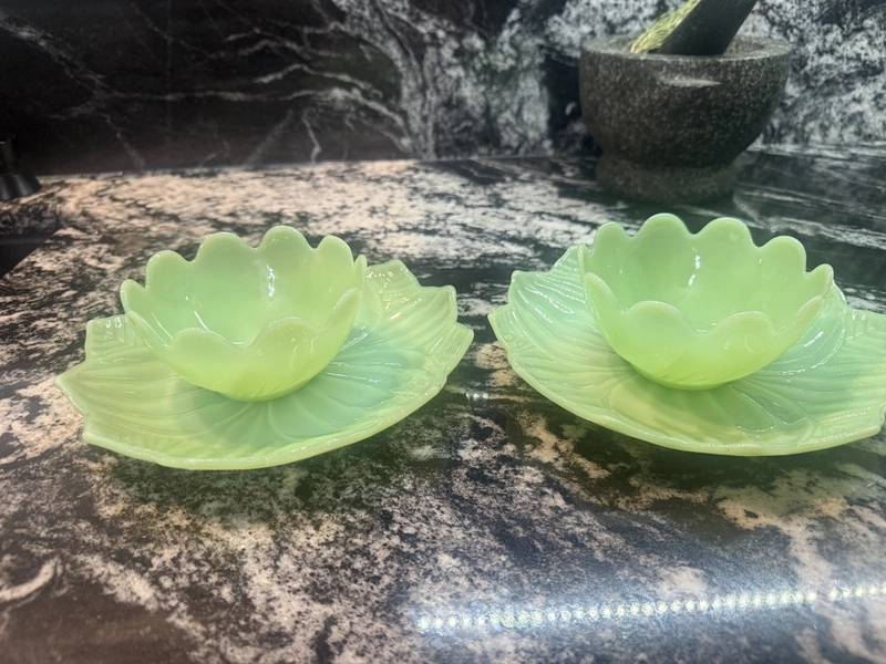 (2) Sets Fire-King Jadeite LOTUS Leaf and Blossom Dessert Plates and Fruit Bowls