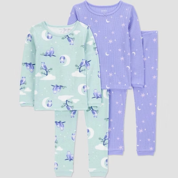 Carter's Just One You® Toddler Girls' 4pc Cotton Long Sleeve Owls and Stars Pajama Set - Green/Purple 4T