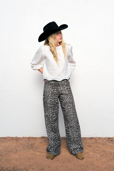 ANIMAL PRINT WIDE LEG DENIM PANTS