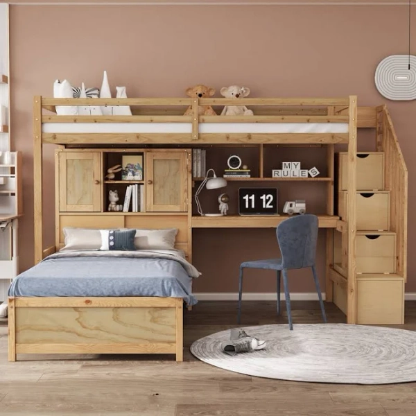 Latitude Run Twin Over Twin Loft Bed with Built-in Desk, Staircase, Storage Compartments