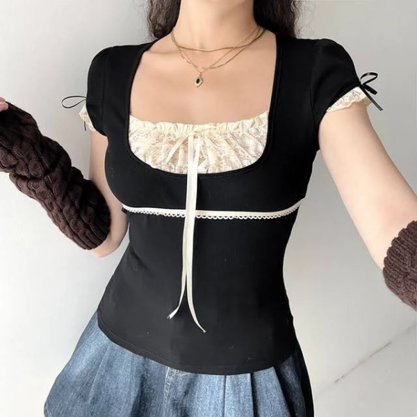 Sosana Mock Two Piece Lace-Panel Tie-Front Crop Top