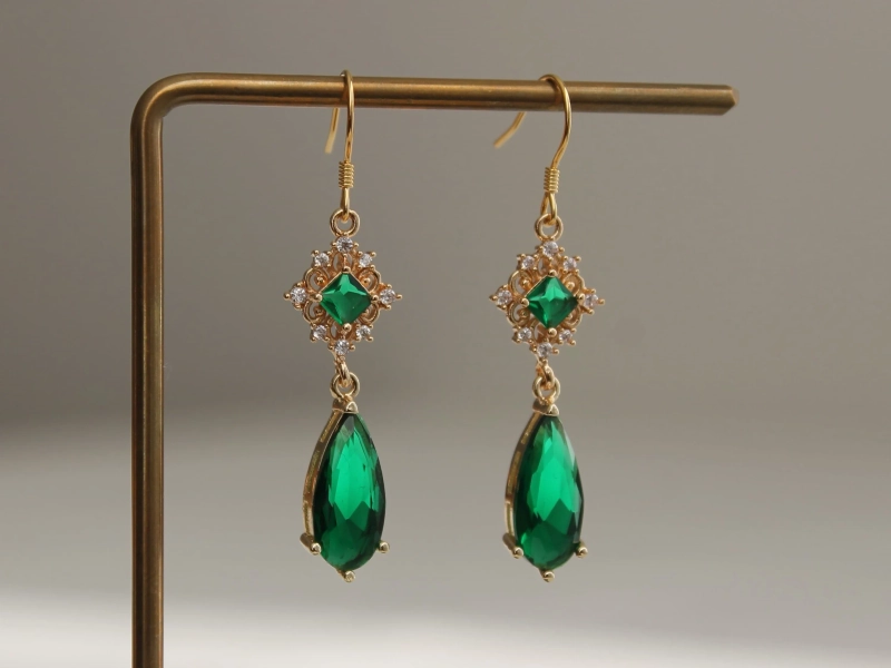 Gold plated earrings with clear zircons and emerald green teardrops