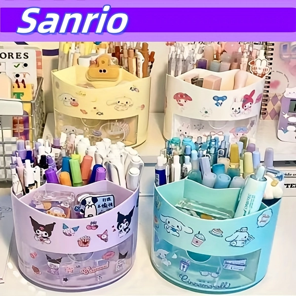 1pc Sanrio Large Capacity Storage Box - Cute and Convenient Multi-Functional Organizer with 360° Rotating Pen Holder, Drawer Style for Desk Organization, Simple and Durable Design, Perfect for Pens/Accessories/Cosmetics, Essential for Sanrio Fans (Random Stickers)