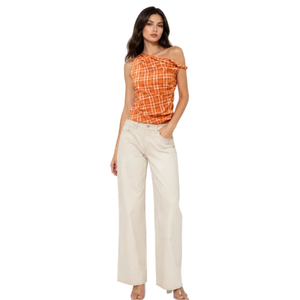 Sage Camp Rock Top | Orange Plaid One Shoulder