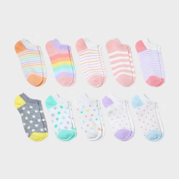 Girls' 10pk Lightweight No Show Striped Socks - Cat & Jack™ S
