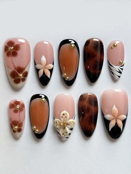 10pcs Brown French Handmade Press-On Nails, Girls' Autumn And Winter Manicure, 3D Pinched Flowers And Hand-Painted Floral Decorations, Elegant And Graceful Handmade False Nails, Suitable For Girls And Women's Daily, Festival, Party Decoration