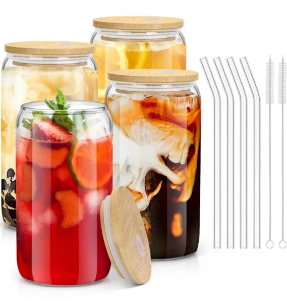sungwoo Glass Cups with Bamboo Lids and Straws, 16OZ Ice Coffee Cup, Drinking Cup Set with Wooden Lids, Home Essential Glass Tumblers for Beer,