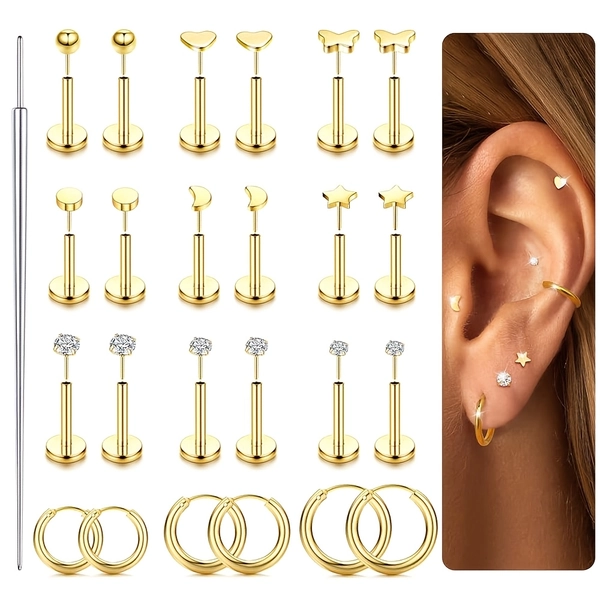 12 Pairs Hypoallergenic 83.48gal Surgical Steel Flat Back Earrings – Golden Cartilage Studs with CZ Stones, Small Hoops for Tragus, Helix, Conch, Medusa, Lip & Labret Piercings – Elegant & Everyday Jewelry for Women & Men