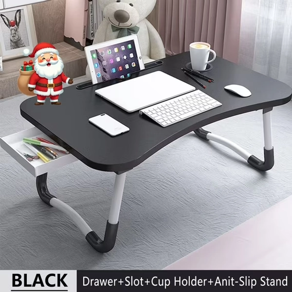 PHANCIR Foldable Lap Desk, 23.6 Inch Portable Wood Laptop Desk Table Workspace Organizer Bed Tray with iPad Slots, Cup Holder and Drawer, Anti-Slip for Working Reading Writing, Eating, Watching-Black