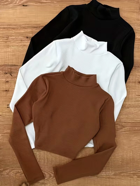 3pcs womens   fit long sleeve t shirt set high neck solid - Temu