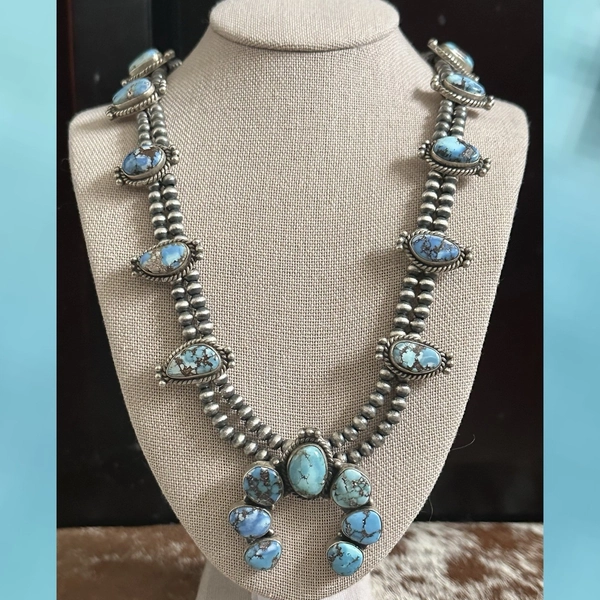 Golden Hills Turquoise Naja Squash Blossom Sterling Silver Necklace 