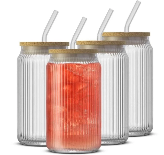 JoyJolt Fluted Glass Tumblers with Bamboo Lids and Straws